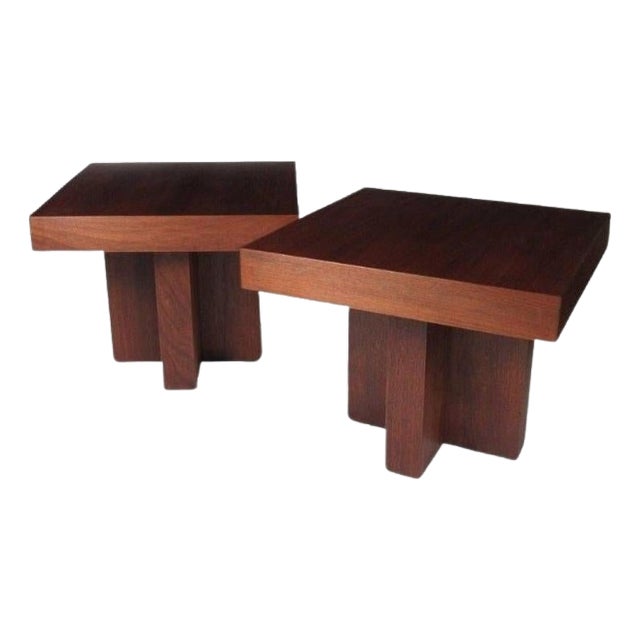 Mid 20th Century Milo Baughman Style Walnut Cruciform End Tables For Sale
