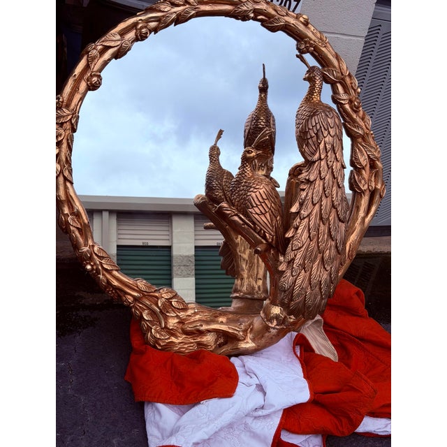 Tuscan Mid 20th Century Italian Hollywood Regency Gilded Large Round Peacock Mirror For Sale - Image 3 of 4