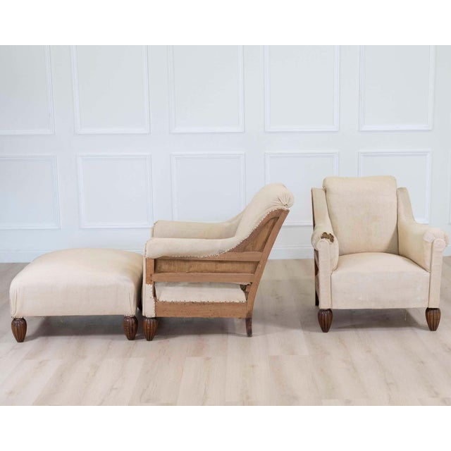 Wood Pair of 20th Century Art Deco Club Chairs with Matching Stool, To Upholster For Sale - Image 7 of 10