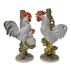 1960s Pair of Rooster Majolica Figures Table Lamp Bases Zaccagnini Signed Numbered Italy Glazed Terracotta Gallo Maiolica