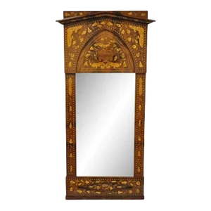 19th Century Satinwood Dutch Marquetry Inlaid Beveled Glass Console Wall Mirror