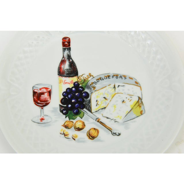 Vintage French Coastal Porcelain Appetizer Plates of Lobster, Wine, Cheese by Lourioux, Set of 6, 1950's For Sale In Miami - Image 6 of 12