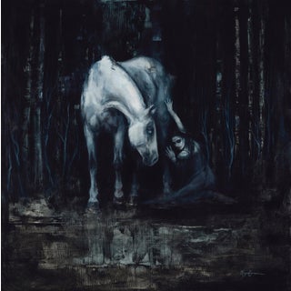 Dark Hollow by Morgan Cameron | Oil on panel Woman embracing a white horse in a dark forest. For Sale