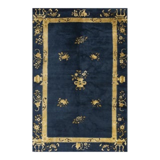 1920s Navy Ground Vase Deco Antique Chinese Peking Knotted Wool Rug 5' X 7' 7" For Sale
