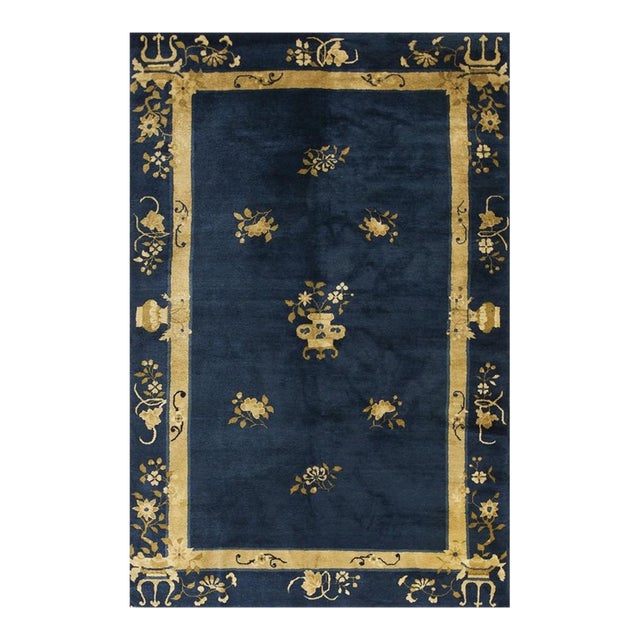 1920s Navy Ground Vase Deco Antique Chinese Peking Knotted Wool Rug 5' X 7' 7" For Sale