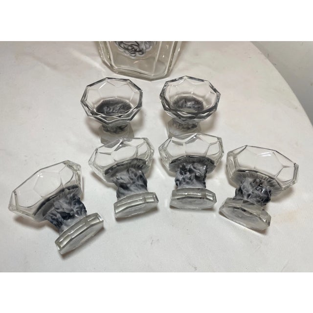 Glass Antique Clear Frosted Crystal Czech Bohemian Rose Art Deco Glass Decanter - Set of 7 For Sale - Image 7 of 12