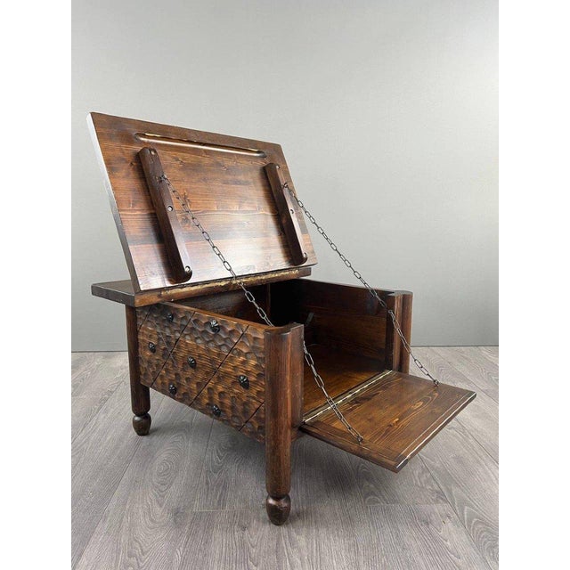 20th Century Rustic Carved Wooden Bar with Stools and Wine Chest, Set of 4 For Sale - Image 10 of 13