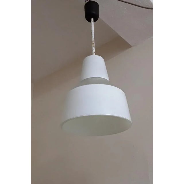 Industrial Vintage Industrial Ceiling Lamp with Corrugated and Matt Glass Screen on Lacquered Iron Rod from Holophane, 1970s For Sale - Image 3 of 8