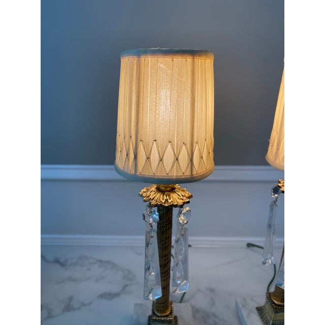 Early 20th Century Antique Pair of Neo-Classical Petite Brass and Cut Crystal Lamps Completely Restored For Sale - Image 5 of 11