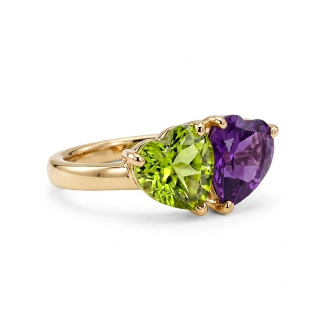 Contemporary Amethyst & Peridot Toi Et Moi Ring | "You and Me" Heart & Pear Gemstone Bypass Ring Us 7 For Sale - Image 3 of 3