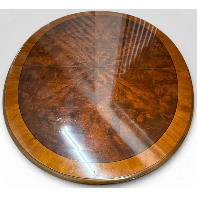 English Vintage Drexel Chippendale Mahogany Pedestal Dining Table With Burlwood Veneer Top For Sale - Image 3 of 18