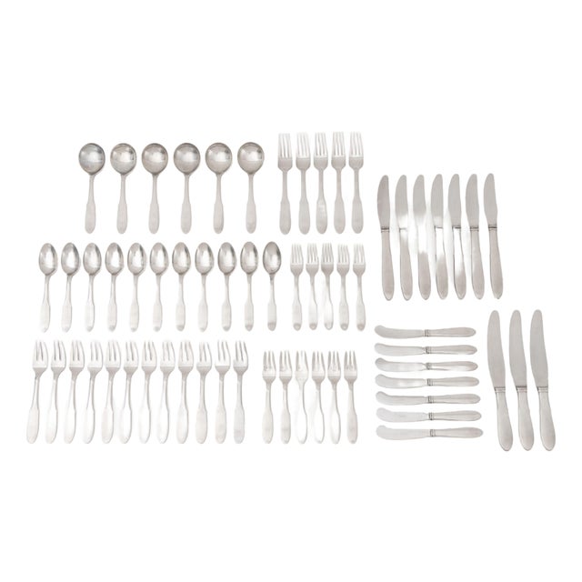 Georg Jensen "Mitra" Stainless Steel Flatware Partial Service, 62 Pieces For Sale