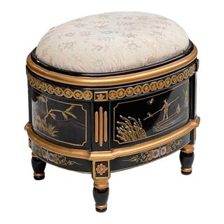 Regency Style Black Lacquer Chinoiserie Stool / Ottoman With Storage For Sale