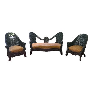 Late 19th Century Anglo-Indian Carved Rosewood Settee and 2 Chairs Salon Set For Sale
