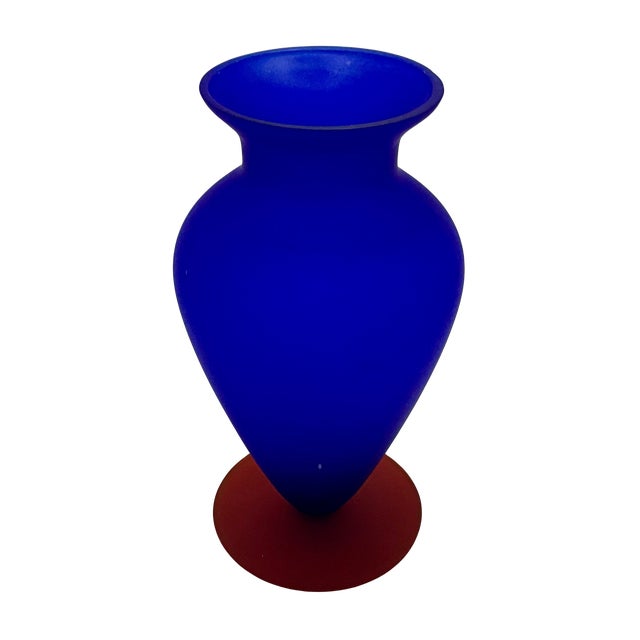 Mid-Century Modern Cobalt Blue Satin Glass Vase With Orange Base - 9" Tall For Sale - Image 3 of 10