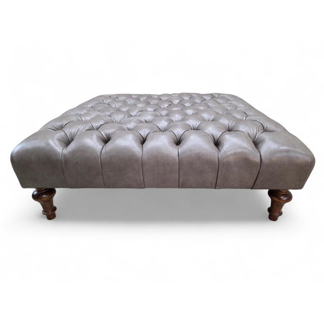 Modern Vintage Chesterfield Style Tufted Gray Leather Ottoman For Sale - Image 3 of 9