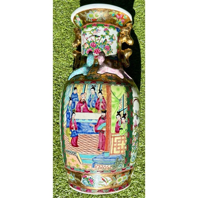 Gold Pair of Large Antique Famille Rose Medallion Chinese Vases With Rosewood Stands For Sale - Image 8 of 18