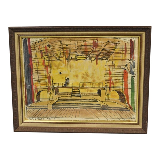 Vintage "Carmen Act I" New York City Opera Watercolor Framed Painting, Signed For Sale