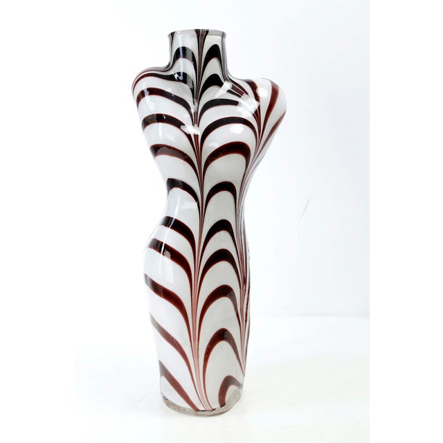 Art Deco Vintage Murano Style Art Glass White W/Brown Zebra Womans Bust Large Glass Vase For Sale - Image 3 of 10