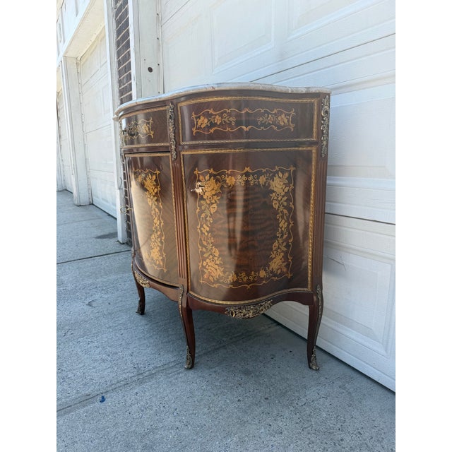 Vintage Louis XV Style Marquetry Bombe Cabinet With Marble Top For Sale - Image 4 of 11
