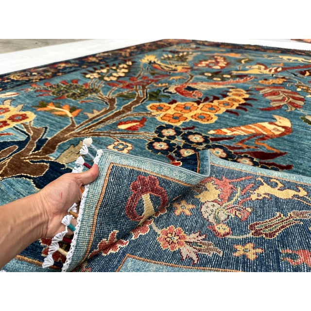 Blue Afghan Pictorial Tree of Life Hand-Knotted Wool Rug - 9'9" X 6'7" For Sale - Image 17 of 17