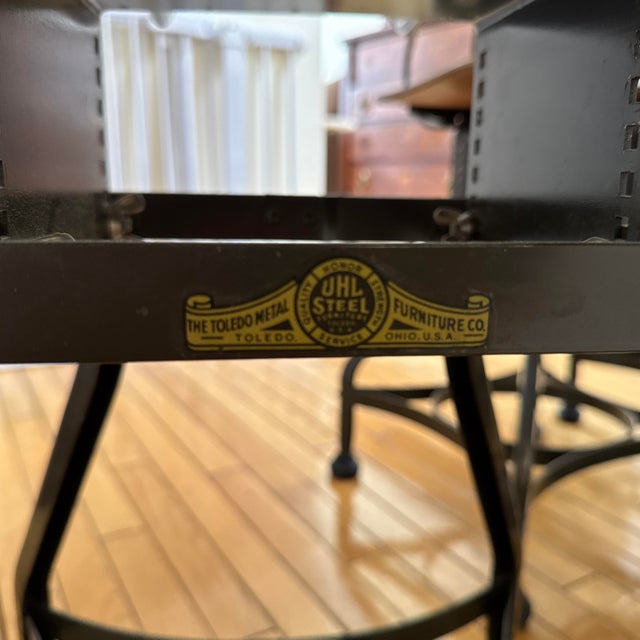 Toledo Metal Furniture Co. Rare 8 Matching Original Toledo Stools With Custom Table Made From Vintage Work Table Top and Unique Iron Legs For Sale - Image 4 of 12