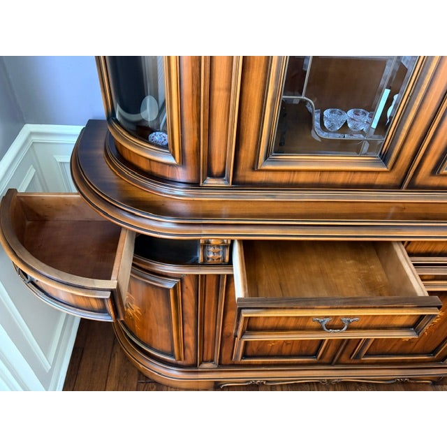 Vintage Italian Provincial Baroque Style Floral Marquetry Curved Glass China Cabinet For Sale - Image 9 of 12