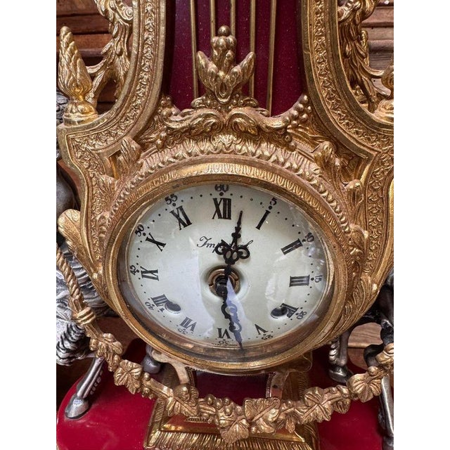 1950s Louis XV Clock and Candelabras in Bronze and Red Marble, Set of 3 For Sale - Image 5 of 9