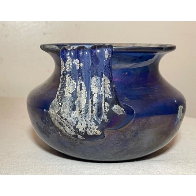 Italian Vintage Hand Blown Murano Seguso Italian Iridescent Blue Scavo Style Glass Vase For Sale - Image 3 of 13