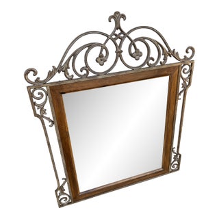Large Vintage Mediterranean Beveled Wood & Gilt Metal Scrollwork Mirror For Sale