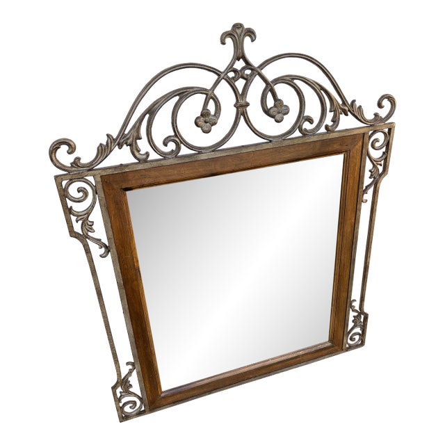 Large Vintage Mediterranean Beveled Wood & Gilt Metal Scrollwork Mirror For Sale