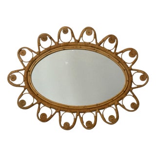 Vintage French Oval Rattan Mirror, 1950s For Sale
