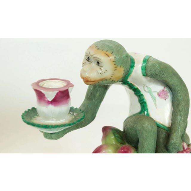 Pair of Vintage Chinoiserie Monkey Lotus Candleholders, Painted Resin For Sale - Image 12 of 13