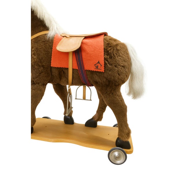 1940s Vintage 1940s German Plush Pony on Wheels — Leather Saddle & Reins For Sale - Image 5 of 8