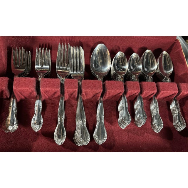 Traditional Vintage Ranmaru Stainless Floral & Scroll Decorated Flatware Silverware Set 12 Plus For Sale - Image 3 of 7