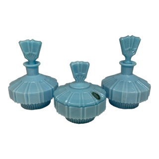 Set of 3 French Blue Opaline Vanity Bottles and Lidded Jar Murano Imported by Balboa Made in Italy For Sale