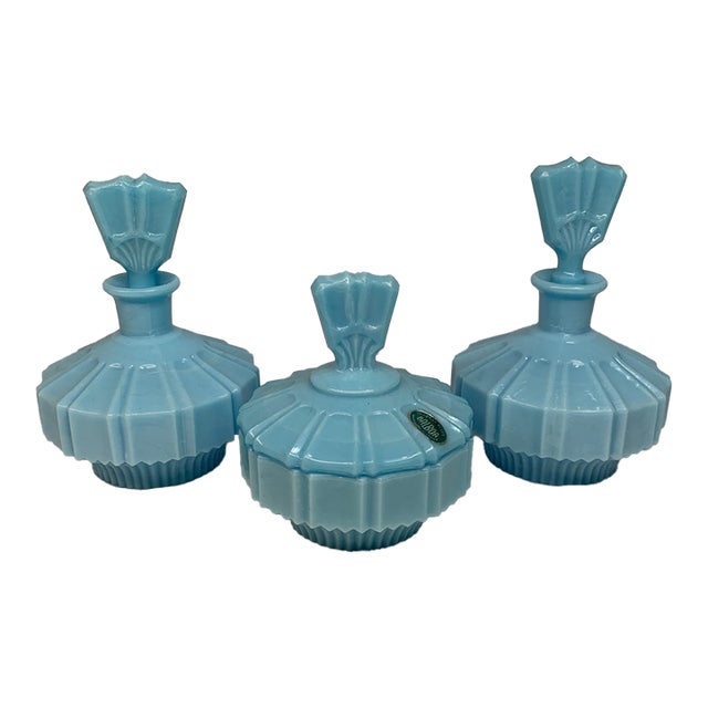 Set of 3 French Blue Opaline Vanity Bottles and Lidded Jar Murano Imported by Balboa Made in Italy For Sale