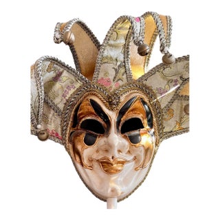 Late 20th Century Venezian Carnival Harlequin Mask on Handled Stick — Hand Made & Hand Painted in Venice For Sale