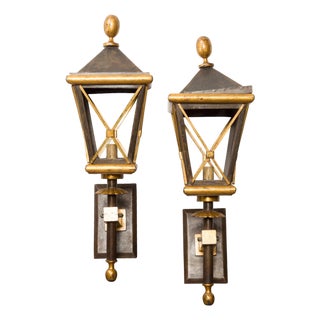 Mid 20th Century French Mid Century Modern Gilt Iron Wall Mounted Lanterns with Single Lights - a Pair For Sale