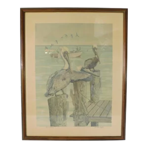 Large Vintage C1980s Signed Christopher Griffith "Brown Pelicans" Seascape Framed Art Print