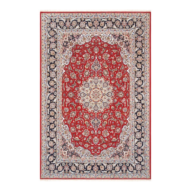 Persian Isfahan Silk & Wool Red Area Rug- 5' 0" X 7' 8" For Sale