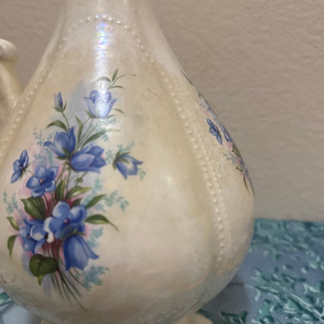 Victorian Vintage Iridescent Ivory Ceramic Pitcher Vase Hand-Painted Blue Flowers & Gilt Trim For Sale - Image 3 of 10