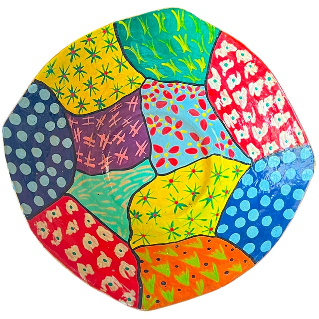 Alexander Girard Large Hand-Painted Papier-Mâché Bowl – Postmodern / Memphis Style Patchwork – European Folk Modern For Sale - Image 4 of 8