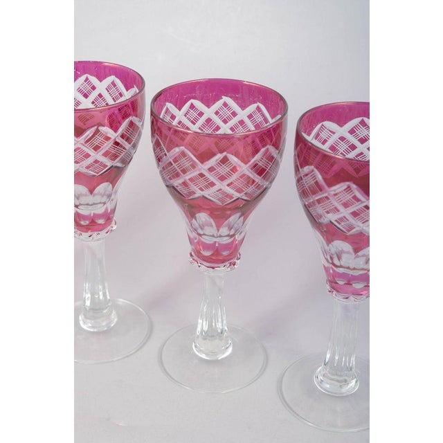 Boho Chic Bohemian Pink Crystal Wine Glasses with Cut Decoration, 1940s, Set of 5 For Sale - Image 3 of 5