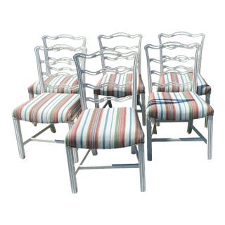 Set of 6 Vintage Painted Mahogany Chippendale Ribbon Back Dining Chairs With New Perennials Striped Fabric For Sale