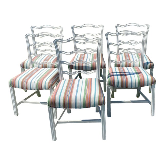 Set of 6 Vintage Painted Mahogany Chippendale Ribbon Back Dining Chairs With New Perennials Striped Fabric For Sale