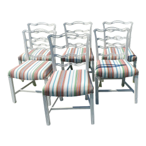 Set of 6 Vintage Painted Mahogany Chippendale Ribbon Back Dining Chairs With New Perennials Striped Fabric