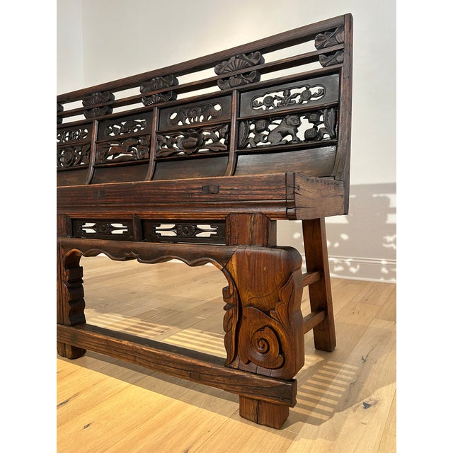 Early 20th Century Large Antique 66.125”l Shanxi Carved Wood Bench For Sale - Image 5 of 13