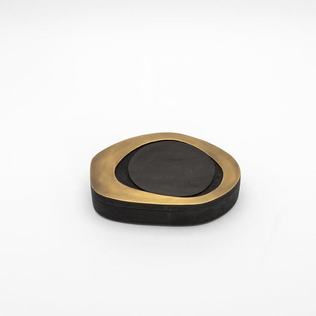 Wood Set of 2 Boxes in Black Shagreen With Shell and Bronze Patina Brass Details by R&y Augousti For Sale - Image 7 of 9
