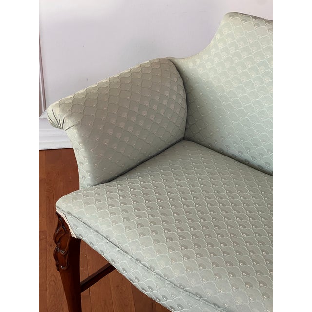 Georgian Carved Mahogany Upholstered Vanity Bench, Celadon Blue, Early 20th Century For Sale - Image 10 of 18